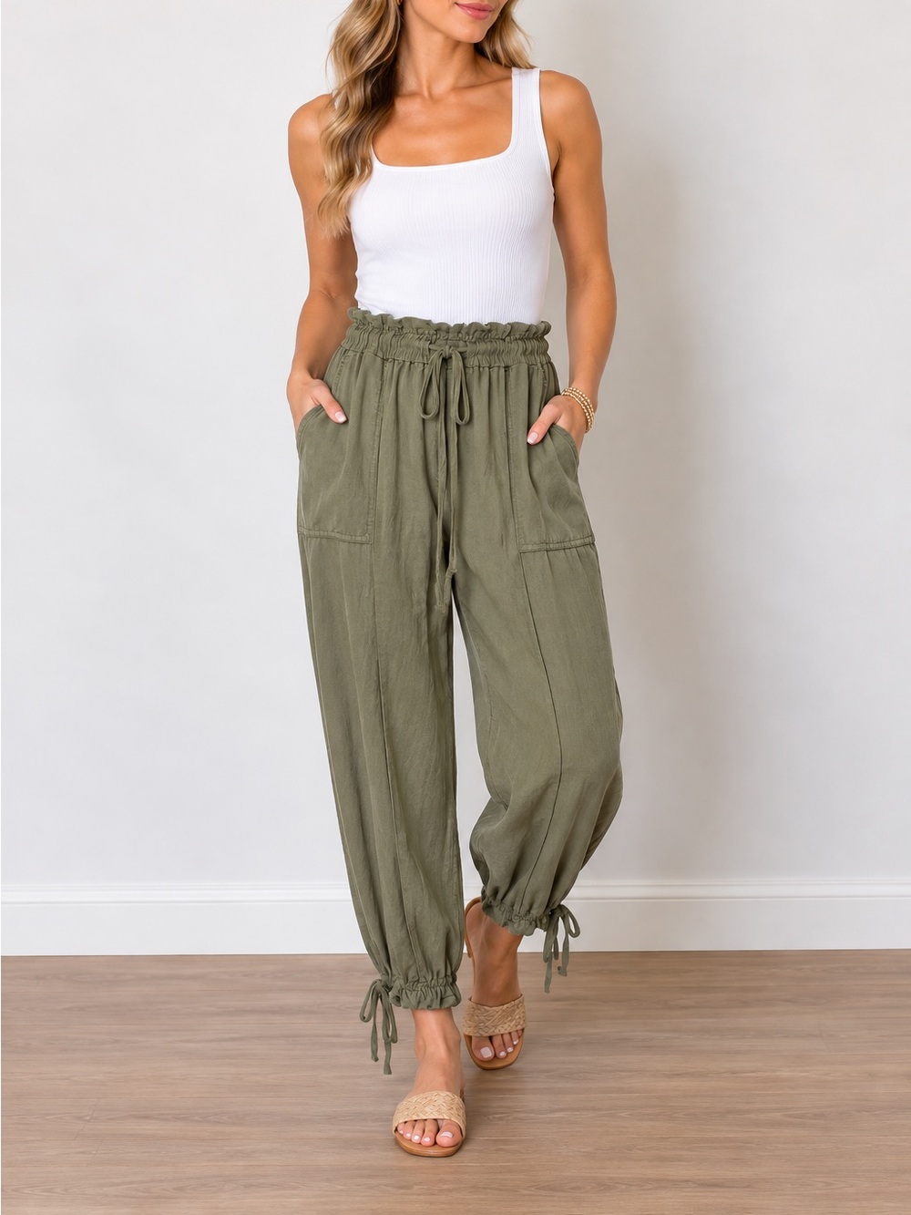 ✨ Entro Olive Green Paperbag Jogger Pants – Size L